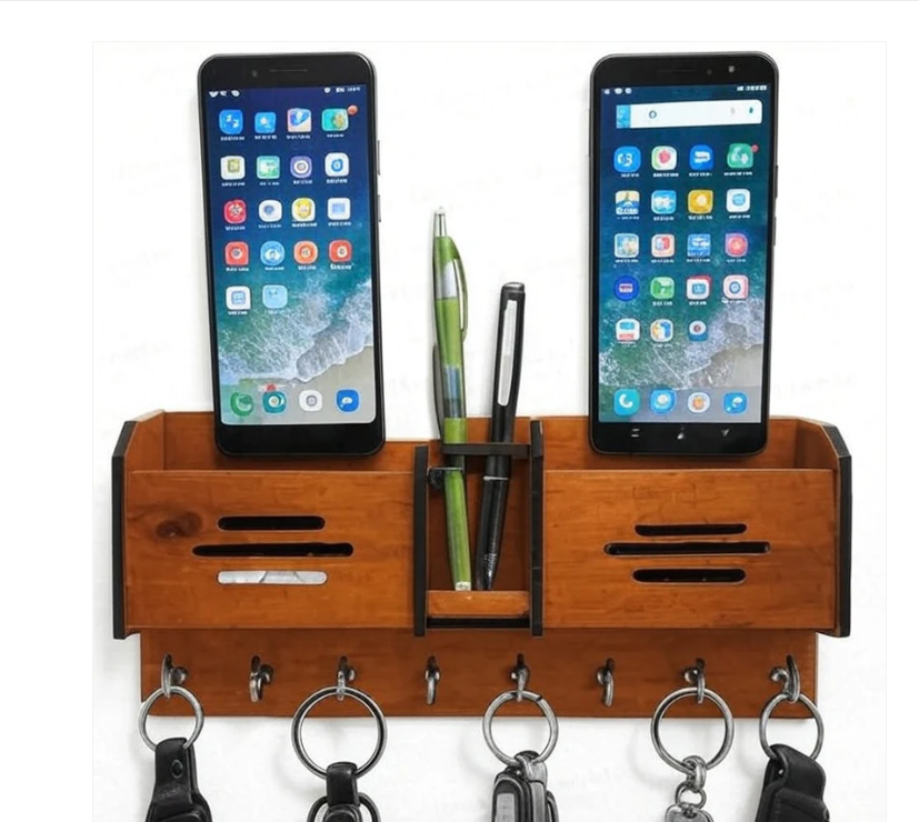 Multipurpose wooden wall hanging mobile holder and 5 keys holder