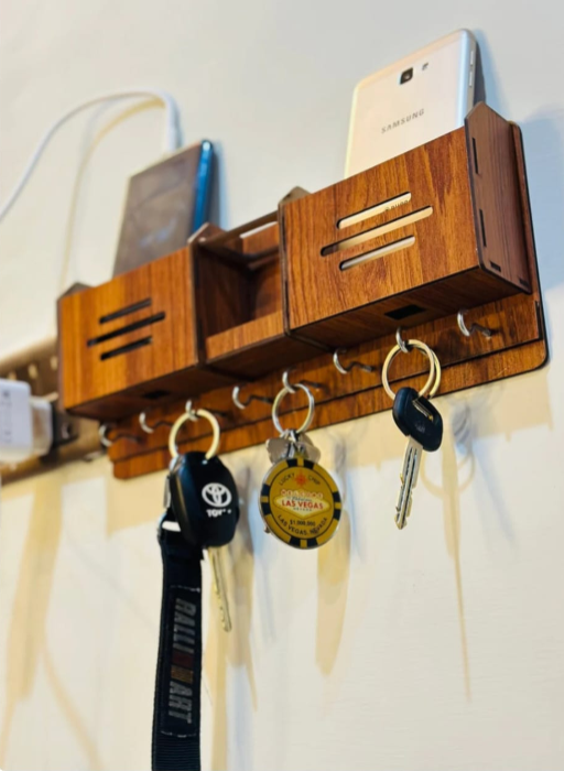 Multipurpose wooden wall hanging mobile holder and 5 keys holder